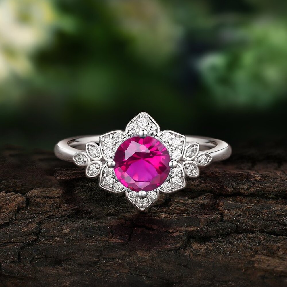 Vintage Style Floral ring - Flamingo Pink Ruby, Art Deco Flower Ring - Picture 3 of 4